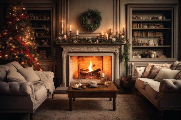 Árbol de Navidad con chimenea en salón IA generativa