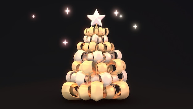 Árbol de Navidad con cinta dorada renderizada en 3D con destellos brillantes en la oscuridad.