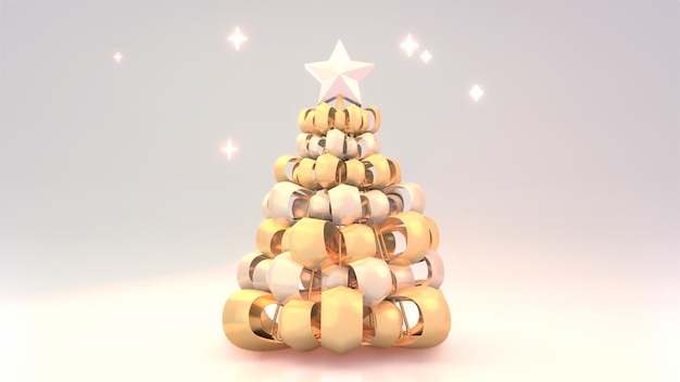 Árbol de Navidad de cinta dorada renderizada en 3D con destellos brillantes.