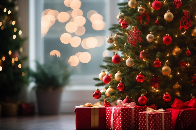 Árbol de Navidad con cinta roja y regalos