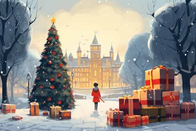 Árbol de Navidad en la ciudad Ilustración de saludos de Feliz Navidad