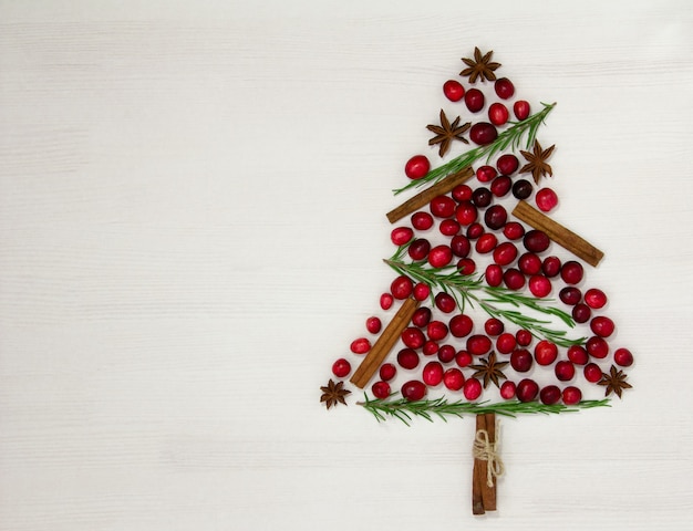 Árbol de Navidad de comida sobre un fondo blanco. Ingredientes: arándanos, romero, canela y anís. Espacio de copia de vista superior.