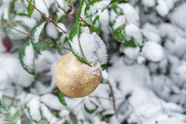 Árbol de Navidad cubierto de nieve decorado con adornos navideños de oro