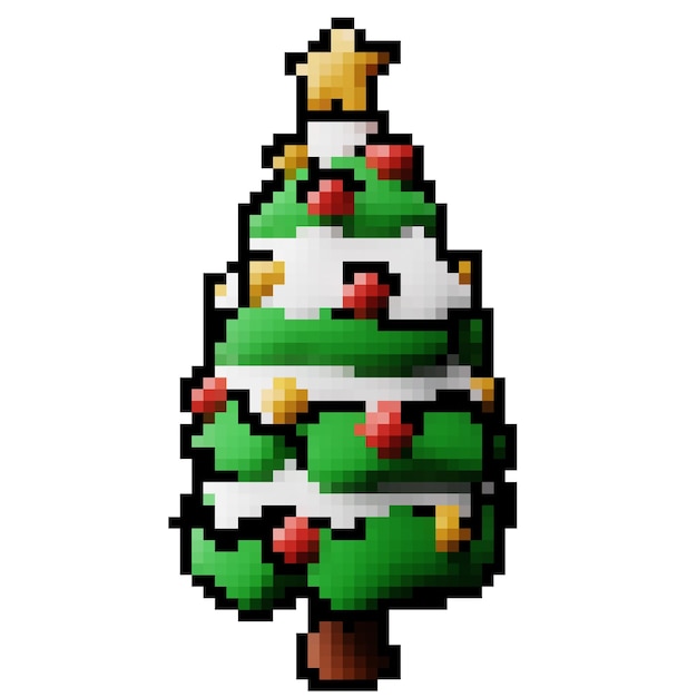 Árbol de navidad cubierto de nieve con estrella y bola Tema de adorno de decoración navideña de dibujos animados pixelados en 3d