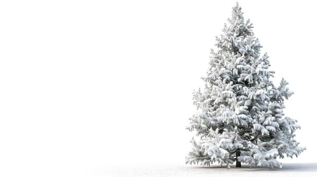 Árbol de Navidad cubierto de nieve sobre un fondo blanco