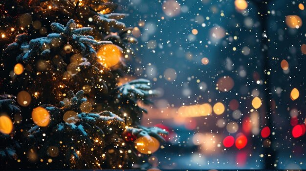 Árbol de Navidad cubierto de nieve en la ventana