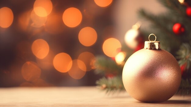 Árbol de Navidad con decoración de adornos dorados sobre fondo borroso con espacio de copia para vacaciones