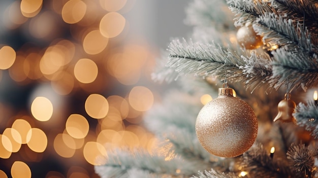 Árbol de Navidad con decoración de adornos dorados sobre fondo borroso con espacio de copia para vacaciones