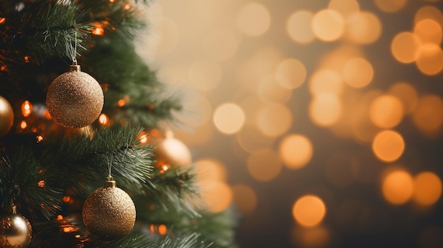 Árbol de Navidad con decoración de adornos dorados sobre fondo borroso con espacio de copia para vacaciones