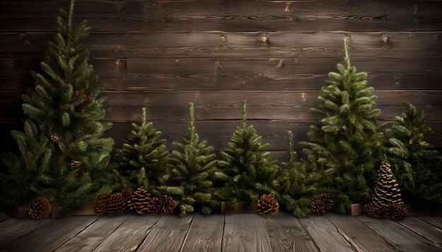 Árbol de Navidad con decoración sobre fondo de madera oscura
