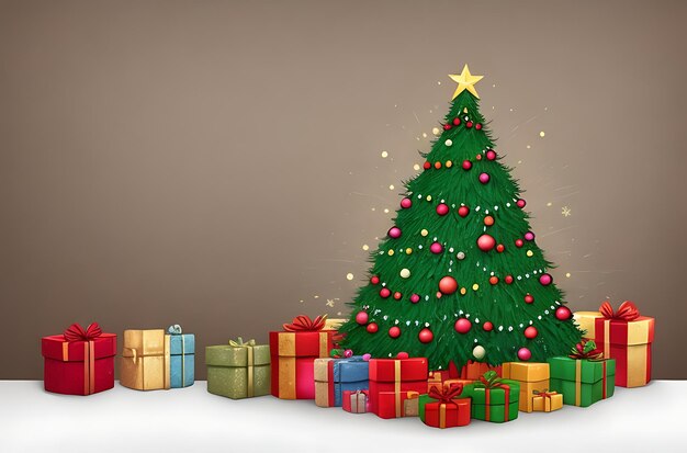 Árbol de Navidad con decoraciones y cajas de regalos