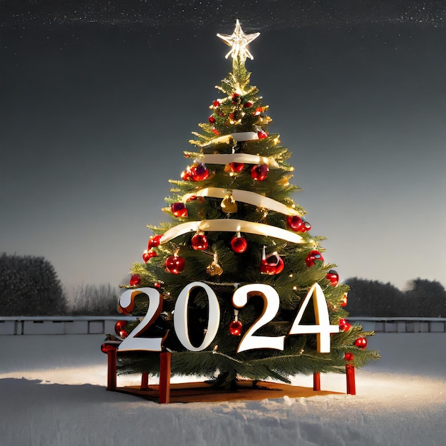 Árbol de Navidad con decoraciones con la inscripción Árbol de navidad 2024 en la plaza de la ciudad