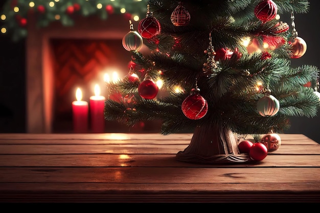 Árbol de Navidad con decoraciones en mesa de madera Diseño generativo ai