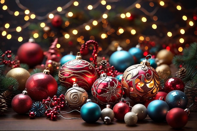 Árbol de Navidad con decoraciones en primer plano de fondo borroso Espacio para el texto