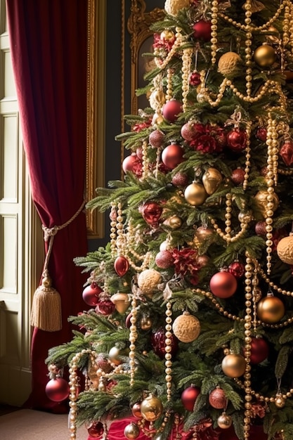 Árbol de Navidad decorado con adornos y decoraciones clásicas Casa de campo inglesa y estilo de cabaña Deseos de Feliz Navidad y Felices Fiestas ai generativo posprocesado