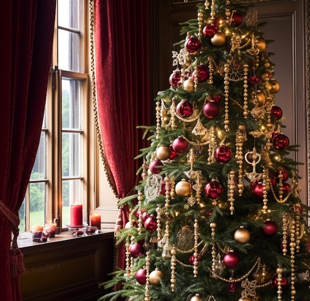 Árbol de Navidad decorado con adornos y decoraciones clásicas Casa de campo inglesa y estilo de cabaña Feliz Navidad y Felices Fiestas deseos generativos ai