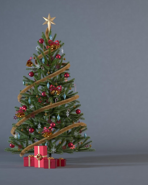 Árbol de Navidad decorado con adornos rojos y dorados y cajas de regalo sobre fondo vertical gris oscuro