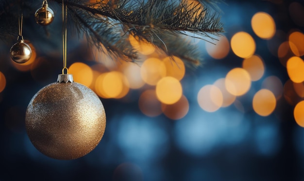 Árbol de Navidad decorado con bola dorada y luces de fondo bokeh