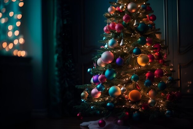 Árbol de Navidad decorado con bolas de colores y guirnaldas en la sala de estar moderna en el hogar IA generativa