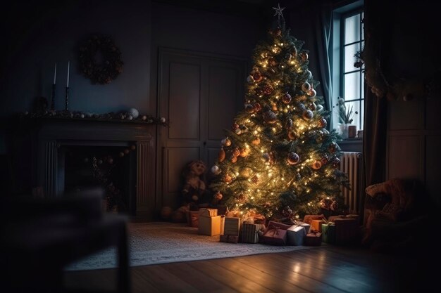 Árbol de Navidad decorado con bolas y guirnaldas en una acogedora tradición de año nuevo en el interior del hogar