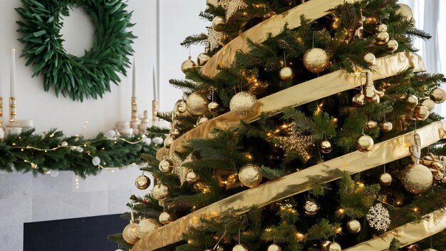 Árbol de Navidad decorado con cinta de oro y guirnaldas