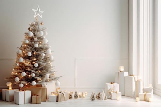 Árbol de Navidad decorado dentro del salón blanco.