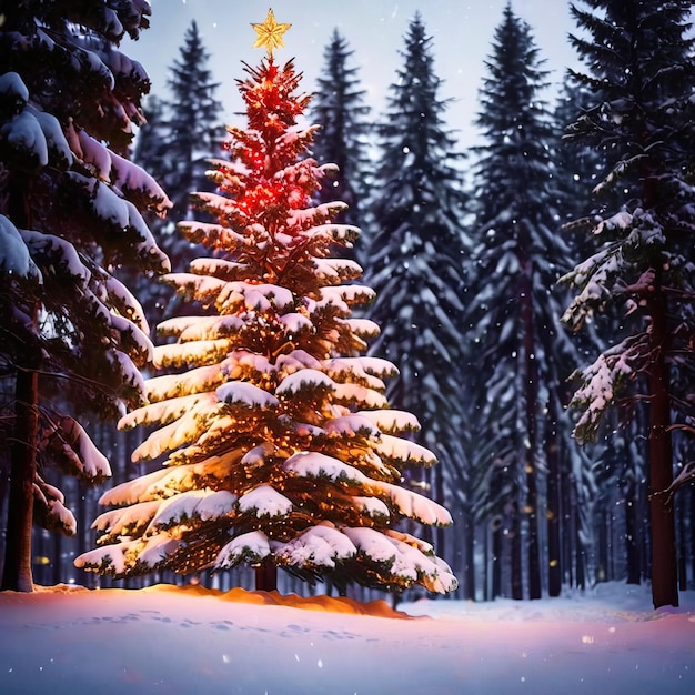 Árbol de Navidad decorado festivamente en el paisaje de nieve al aire libre
