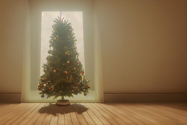 Árbol de navidad decorado frente a una ventana alta dentro de la habitación doméstica arte generado por la red neuronal