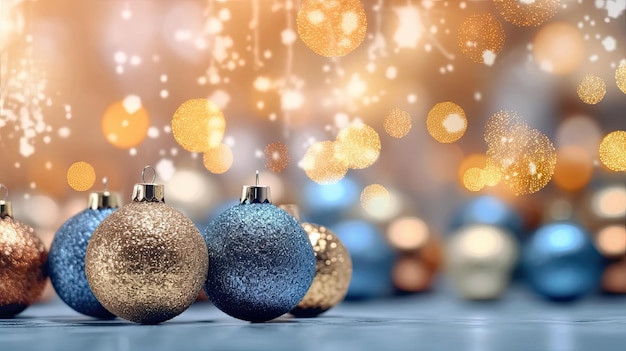 Árbol de Navidad decorado con juguetes de bolas doradas y azules en un borroso