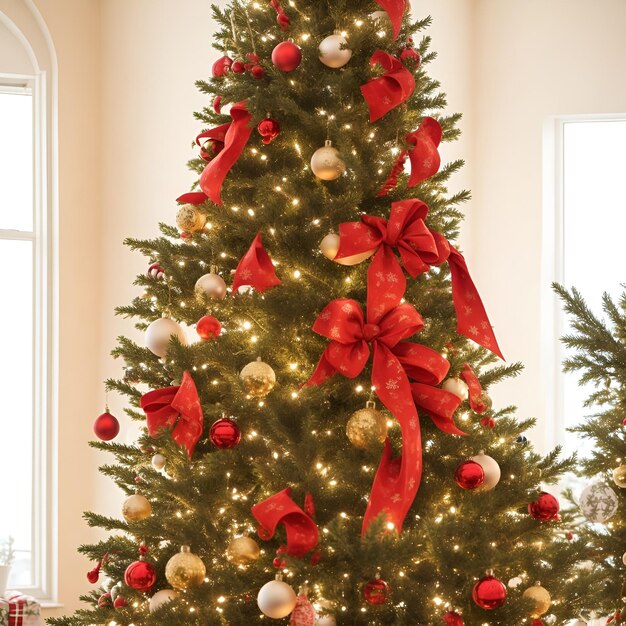 Árbol de Navidad decorado con lazos rojos en el salón de casa