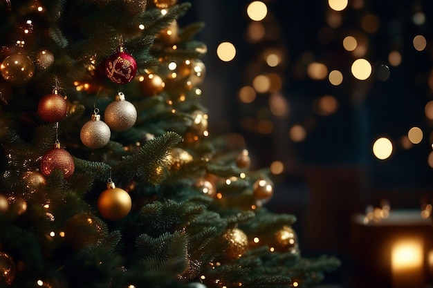 Árbol de Navidad decorado por la noche en el fondo de Nochebuena Generativo ai