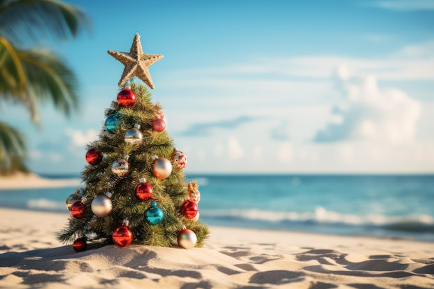 Árbol de Navidad decorado en la playa de arena Vacaciones de Navidad de verano en una isla tropical