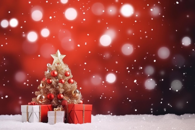 Árbol de Navidad decorado con regalos en un fondo de nieve roja con tarjeta de felicitación bokeh