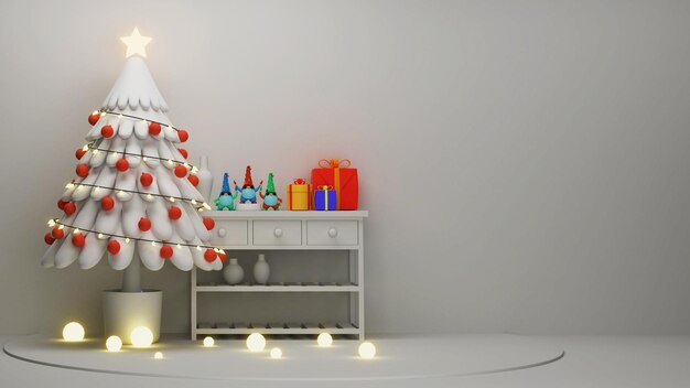 Árbol de Navidad decorativo 3D con gnomos de dibujos animados, cajas de regalo sobre la mesa del cajón y bolas de luz sobre fondo gris.