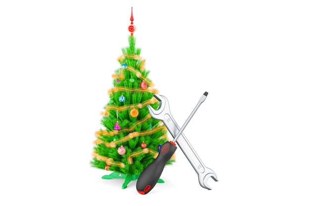 Árbol de Navidad con destornillador y llave 3D rendering aislado sobre fondo blanco.