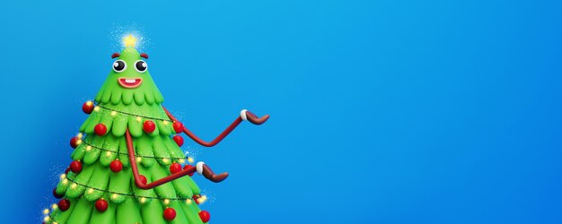 Árbol de Navidad de dibujos animados en 3D que presenta algo sobre fondo azul.