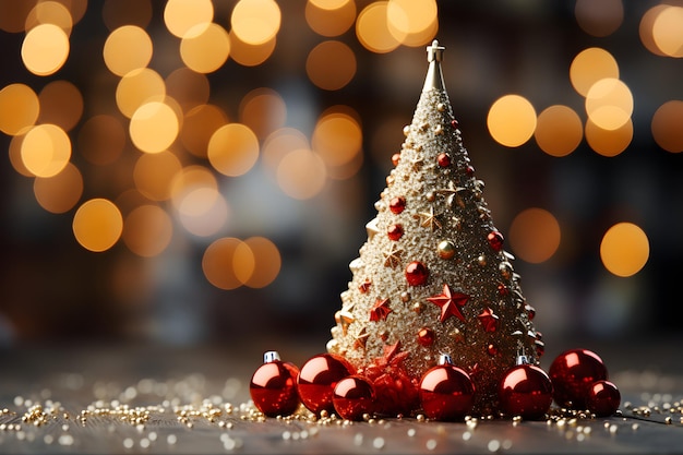 Árbol de Navidad dorado creativo con bolas rojas y brillo en luces brillantes borrosas de fondo estandarte de maqueta festiva con decoración de bolas y espacio de copia