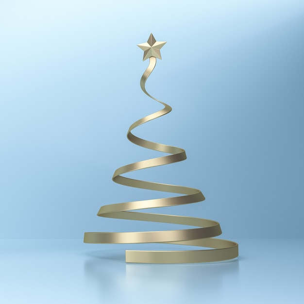 Árbol de Navidad dorado con una estrella en la parte superior en el fondo azul del estudio. Representación 3D