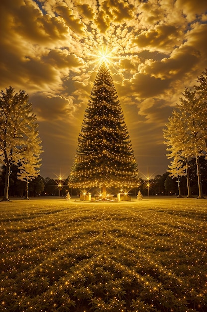 Árbol de navidad dorado con luces brillantes wallpaper banner navidad