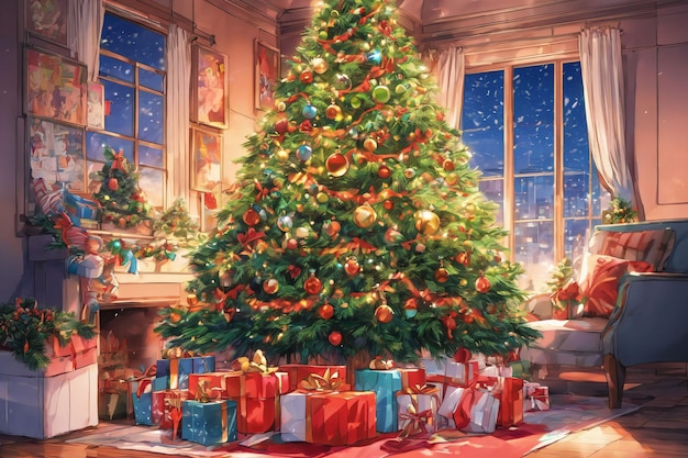 Árbol de Navidad estilo anime decorado con anteojeras y cajas de regalo Aroundxmas wallpaper