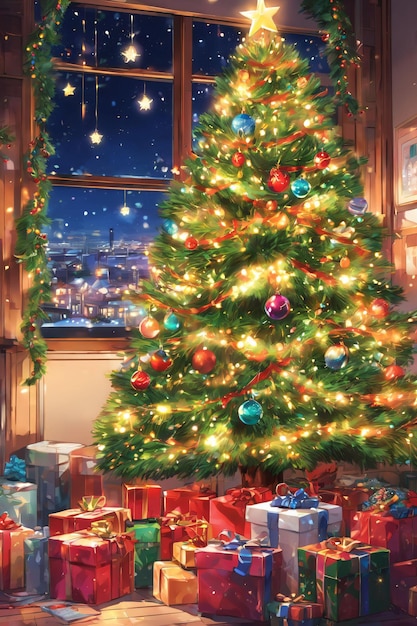 Árbol de Navidad estilo anime decorado con anteojeras y cajas de regalo Aroundxmas wallpaper