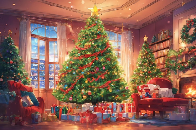 Árbol de Navidad estilo anime decorado con anteojeras y cajas de regalo Aroundxmas wallpaper