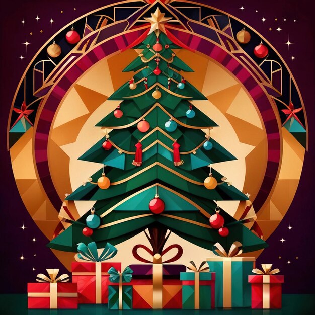 Árbol de Navidad en estilo retro vintage art deco ilustración con formas geométricas