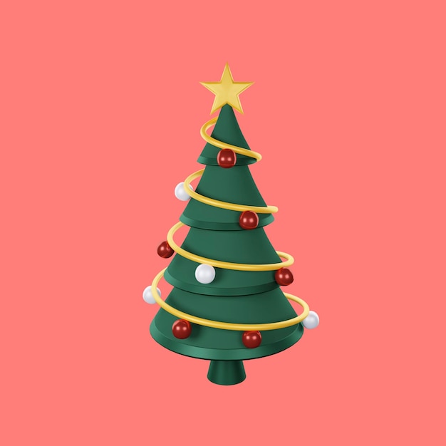 Árbol de Navidad con estrella, Feliz Navidad y Feliz Año Nuevo. renderizado 3d