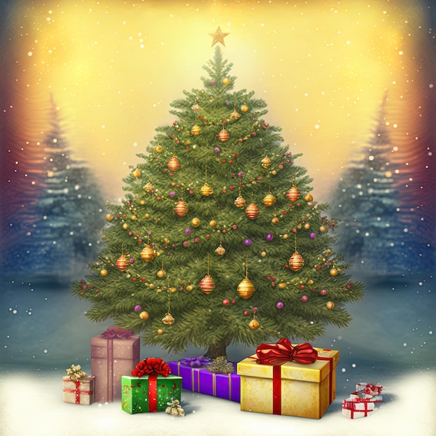 Árbol de navidad de fantasía con regalos celebrando feliz navidad. Fondo de tarjeta de Navidad