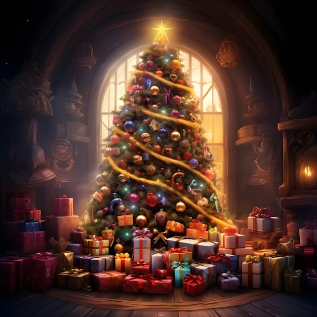 Árbol de Navidad de fantasía con regalos celebrando Feliz Navidad
