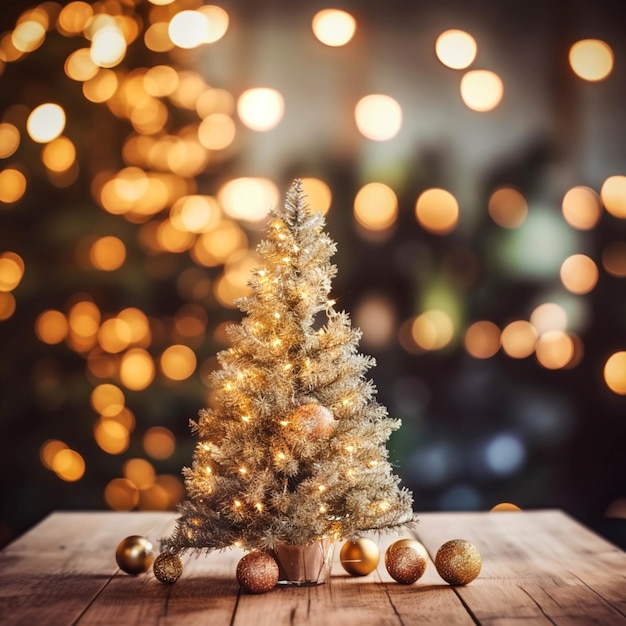 Árbol de navidad y fondo claro borroso con mesa de madera oscura vacía