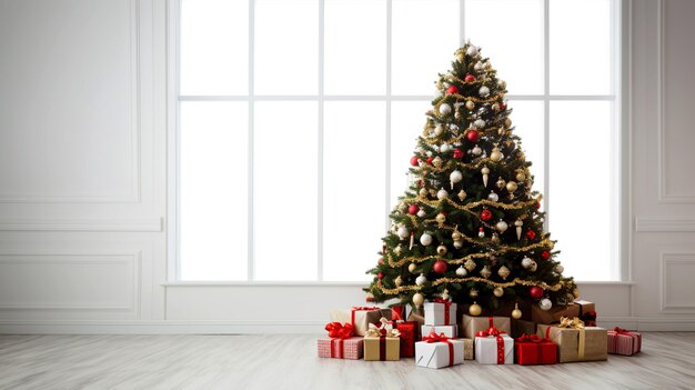 Árbol de Navidad en el fondo de una gran ventana Árbol de navidad con regalos en el interior blanco