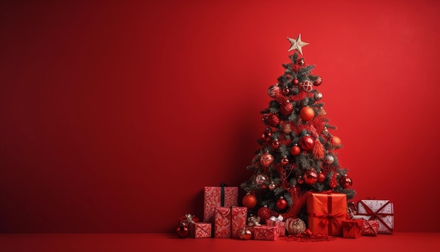 Árbol de navidad con fondo rojo y fondo rojo.