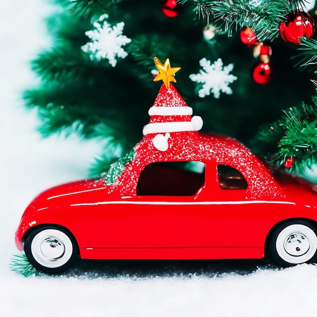 Árbol de Navidad en un fondo de vacaciones de invierno de decoración de juguete de coche rojo retro generado por AI